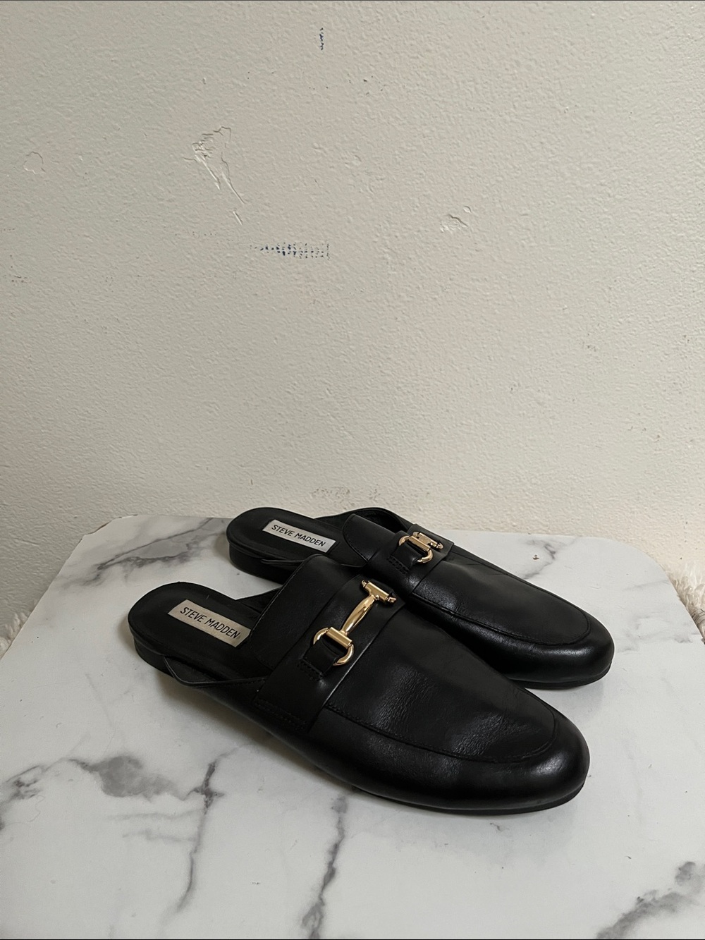 Steve Madden Black Leather Mule Loafers with Gold Hardware